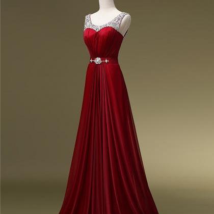 Dark Red Long Chiffon Prom Dresses Scoop Neck Crystals Women Party ...