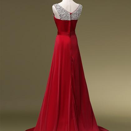 Dark Red Long Chiffon Prom Dresses Scoop Neck..