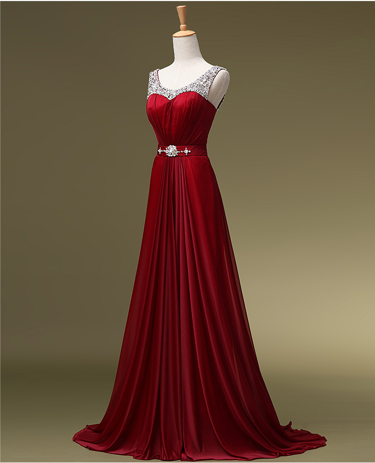 Dark Red Long Chiffon Prom Dresses Scoop Neck Crystals Women Party Dresses
