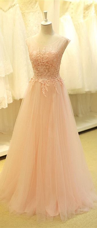 Scoop Neck Tulle Prom Dresses Lace Appliques Light Pink Women Party Dresses